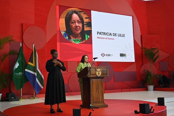 South Africa Minister of Tourism, Patricia De Lille giving speech at the Africa Travel Indaba 2025