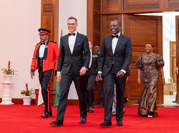 Kenyan President William Ruto (left) with visiting Finland President Alexander Stubb are seen here at the State House in Nairobi for a State Visit marked by bilateral talks and key agreements