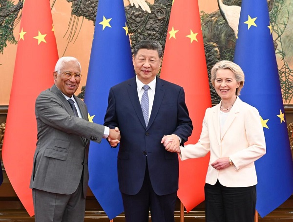 Chinese President Xi Jinping (centre) with European Council President Antonio Costa (left) and European Commission President Ursula von der Leyen at the 25th China-EU Summit in Beijing, China