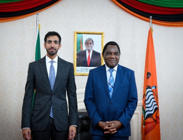 Zambian president Hakainde Hichilema (right) with United Arab Emirates (UAE) Minister of State for Foreign Affairs, Shakhbout Bin Nahyan Al Nahyan